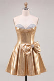 Strapless Metallic A Line Gold Homecoming Dress With Rhinestone
