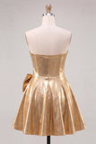 Strapless Metallic A Line Gold Homecoming Dress With Rhinestone
