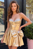 Strapless Metallic A Line Gold Homecoming Dress With Rhinestone