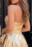 Strapless Metallic A Line Gold Homecoming Dress With Rhinestone