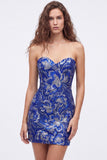 Strapless Floral Royal Blue Bodycon Mini Homecoming Dress