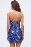 Strapless Floral Royal Blue Bodycon Mini Homecoming Dress