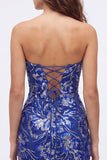 Strapless Floral Royal Blue Bodycon Mini Homecoming Dress