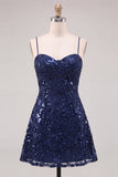 Sequins A Line Spaghetti Straps Burgundy Mini Homecoming Dress