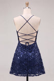 Sequins A Line Spaghetti Straps Burgundy Mini Homecoming Dress