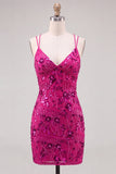 Pink V-Neck Sequins Bodycon Mini Homecoming Dress