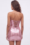 Strapless Metallic Bodycon Fuchsia Mini Homecoming Dress