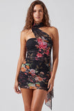 Floral One Shoulder Black Bodycon Chiffon Mini Homecoming Dress