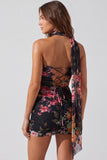 Floral One Shoulder Black Bodycon Chiffon Mini Homecoming Dress