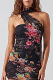 Floral One Shoulder Black Bodycon Chiffon Mini Homecoming Dress