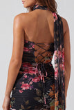Floral One Shoulder Black Bodycon Chiffon Mini Homecoming Dress