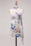 Floral One Shoulder Black Bodycon Chiffon Mini Homecoming Dress