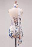 Floral One Shoulder Black Bodycon Chiffon Mini Homecoming Dress