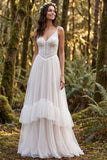 V-Neck A Line Lace Tiered White Boho Wedding Dress