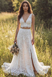 V-Neck A Line Lace 2-piece White Boho Wedding Dress With Slit