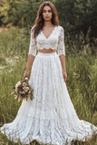 A Line V-Neck Lace 2-piece White Boho Wedding Dress With Half Sleeves