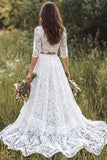 A Line V-Neck Lace 2-piece White Boho Wedding Dress With Half Sleeves