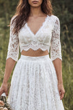 A Line V-Neck Lace 2-piece White Boho Wedding Dress With Half Sleeves