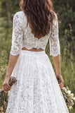 A Line V-Neck Lace 2-piece White Boho Wedding Dress With Half Sleeves