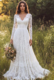 A Line Lace V-Neck White Boho Wedding Dress With Long Sleeves