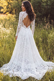 A Line Lace V-Neck White Boho Wedding Dress With Long Sleeves