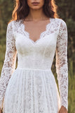 A Line Lace V-Neck White Boho Wedding Dress With Long Sleeves