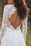 A Line Lace V-Neck White Boho Wedding Dress With Long Sleeves