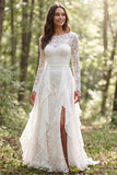 White Lace A Line Ruffled Long Sleeve Boho Wedding Dress With Slit