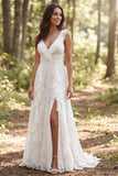 V-Neck Ruffled A Line Lace White Boho Wedding Dress With Slit