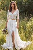 Lace V-Neck 2-piece A Line White Boho Wedding Dress With Half Sleeve