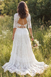 Lace V-Neck 2-piece A Line White Boho Wedding Dress With Half Sleeve