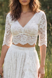 Lace V-Neck 2-piece A Line White Boho Wedding Dress With Half Sleeve