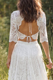 Lace V-Neck 2-piece A Line White Boho Wedding Dress With Half Sleeve