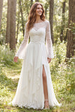Long Sleeve A Line Ruffled Lace White Boho Wedding Dress