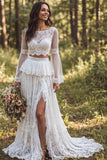 A Line 2-piece Ruffled Lace White Boho Wedding Dress With Long Sleeves