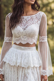 A Line 2-piece Ruffled Lace White Boho Wedding Dress With Long Sleeves