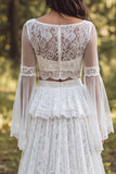 A Line 2-piece Ruffled Lace White Boho Wedding Dress With Long Sleeves