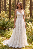 A Line Lace V-Neck White Boho Wedding Dress