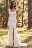 Square Neck Mermaid Lace White Boco Wedding Dress