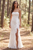 Strapless Mermaid Ruffled Lace White Boho Wedding Dress