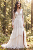 Lace V-Neck A Line White Boho Wedding Dress With Long Sleeves
