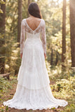 Lace V-Neck A Line White Boho Wedding Dress With Long Sleeves