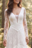 Lace V-Neck A Line White Boho Wedding Dress With Long Sleeves