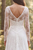Lace V-Neck A Line White Boho Wedding Dress With Long Sleeves