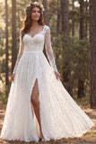 A Line Long Sleeve V-Neck Lace White Boho Wedding Dress