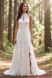 Illusion Neck A Line Ruffled Lace White Boho Wedding Dress