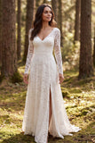 V-Neck Long Sleeve A Line Lace White Boho Wedding Dress