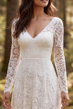 V-Neck Long Sleeve A Line Lace White Boho Wedding Dress