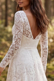 V-Neck Long Sleeve A Line Lace White Boho Wedding Dress