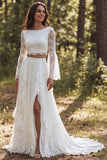 A Line Ruffled Lace White Boho Wedding Dress With Long Sleeves